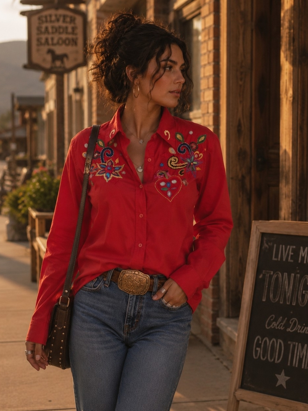 Vintage 90s Red Embroidered Shirt Size 12 Floral Beaded Sequin Button Up Western